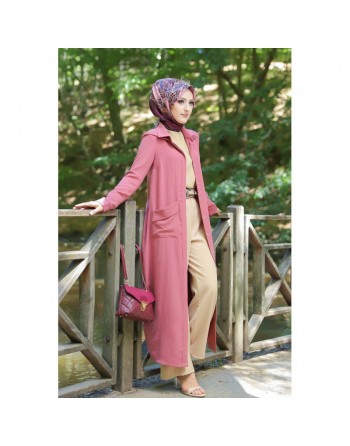 Robe longue fluide entièrement boutonnée devant (Vêtement Hijab Turque Outfit) - Couleur Rose 