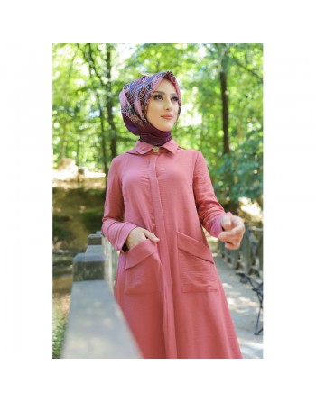 Robe longue fluide entièrement boutonnée devant (Vêtement Hijab Turque Outfit) - Couleur Rose 