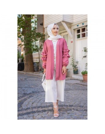 Gilet Veste long col châle manches à froufrou (Look tendance et style Hijabista) - Couleur Rose 