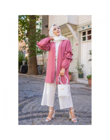 Gilet Veste long col châle manches à froufrou (Look tendance et style Hijabista) - Couleur Rose 