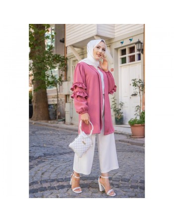 Gilet Veste long col châle manches à froufrou (Look tendance et style Hijabista) - Couleur Rose 
