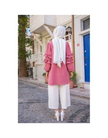 Gilet Veste long col châle manches à froufrou (Look tendance et style Hijabista) - Couleur Rose 