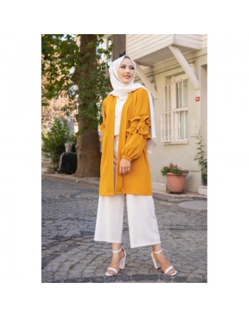 Gilet Veste long col châle manches à froufrou pour femme (Look Hijabista et Modest Fashion) - Couleur moutarde 