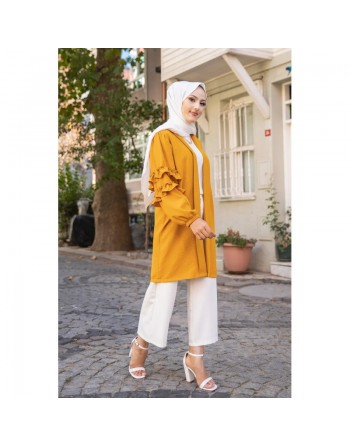 Gilet Veste long col châle manches à froufrou pour femme (Look Hijabista et Modest Fashion) - Couleur moutarde 