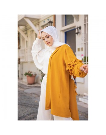 Gilet Veste long col châle manches à froufrou pour femme (Look Hijabista et Modest Fashion) - Couleur moutarde 