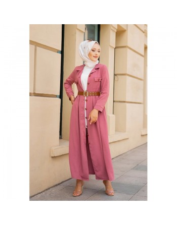 Robe longue casual boutonnée avec sa ceinture (Vetement chic pour femme voilée) - Couleur Rose 