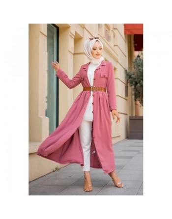 Robe longue casual boutonnée avec sa ceinture (Vetement chic pour femme voilée) - Couleur Rose 