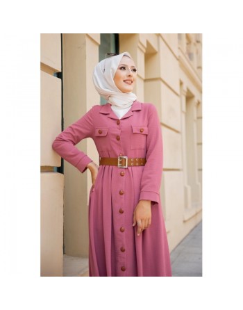 Robe longue casual boutonnée avec sa ceinture (Vetement chic pour femme voilée) - Couleur Rose 