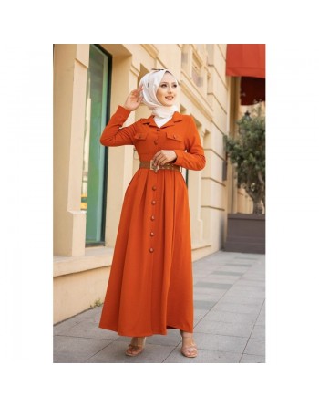 Robe longue casual boutonnée avec sa ceinture (Vetement pour femme musulmane) - Couleur brique 
