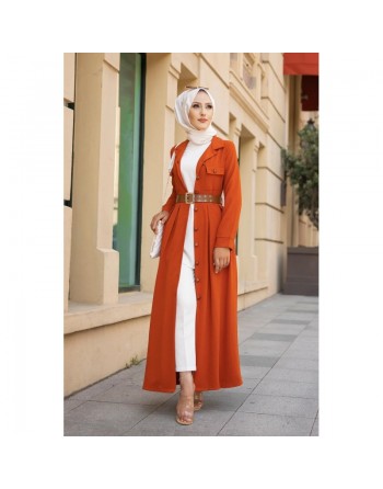 Robe longue casual boutonnée avec sa ceinture (Vetement pour femme musulmane) - Couleur brique 