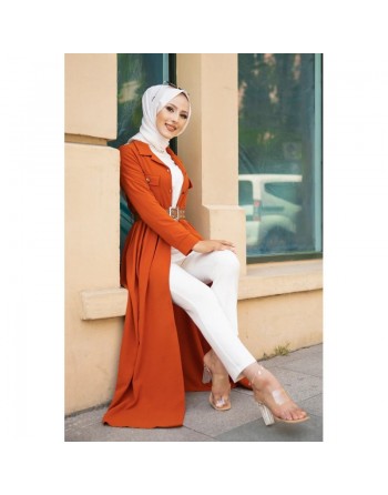 Robe longue casual boutonnée avec sa ceinture (Vetement pour femme musulmane) - Couleur brique 