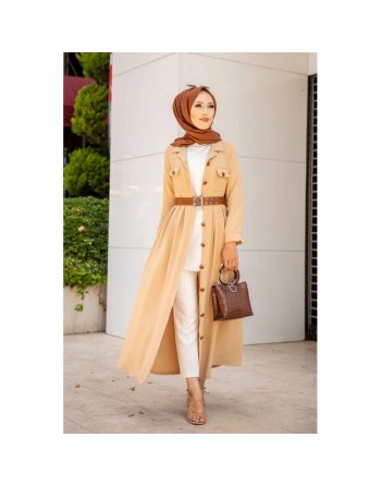 Robe longue casual boutonnée avec sa ceinture pour femme (Vetement hijab chic) - Couleur Beige 