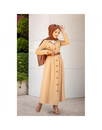 Robe longue casual boutonnée avec sa ceinture pour femme (Vetement hijab chic) - Couleur Beige 