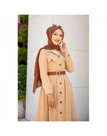 Robe longue casual boutonnée avec sa ceinture pour femme (Vetement hijab chic) - Couleur Beige 