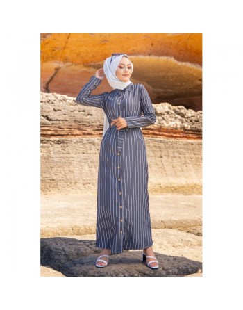 Robe chemise très longue à rayures (Vêtement décontracté pour femme musulmane) - Couleur gris et blanc 