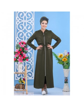 Robe longue zippée à capuche pour femme style décontracté de marque Amelis Paris - Couleur Kaki foncé 