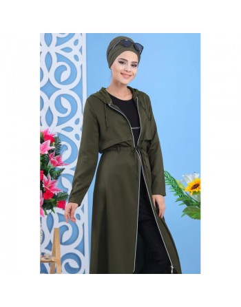 Robe longue zippée à capuche pour femme style décontracté de marque Amelis Paris - Couleur Kaki foncé 