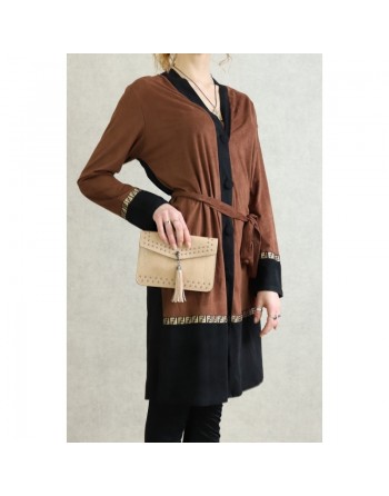 Veste longue fermetures boutonnée effet daim souple pour femme 