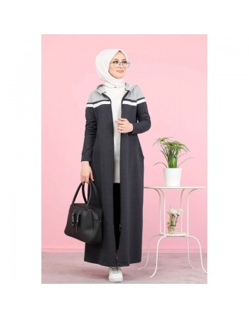 Robe longue à capuche fermeture éclair (Tenue mastour sportswear pour femme voilée) - Couleur gris anthracite et gris clair 