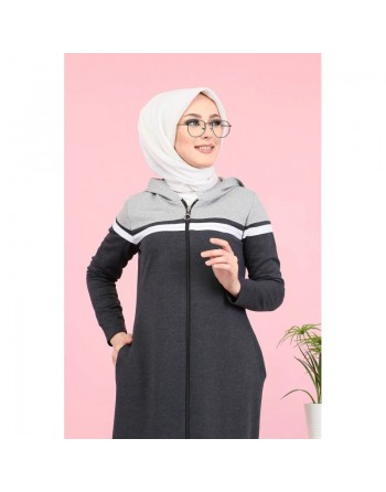 Robe longue à capuche fermeture éclair (Tenue mastour sportswear pour femme voilée) - Couleur gris anthracite et gris clair 