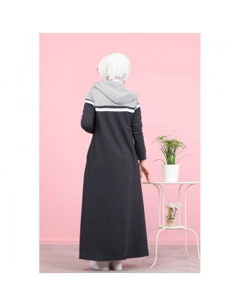 Robe longue à capuche fermeture éclair (Tenue mastour sportswear pour femme voilée) - Couleur gris anthracite et gris clair 