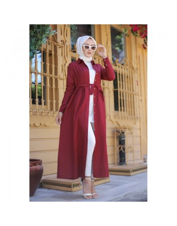 Robe chemise longue avec ceinture et grandes poches (Vetement pudique pour femme voilée) - Couleur bordeaux 