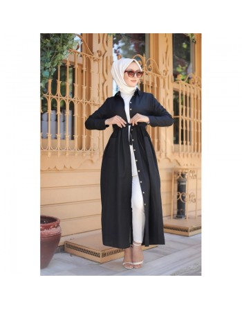 Robe chemise longue avec ceinture et grandes poches - Couleur noir 