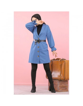 Veste longue classique boutonnée élégante (Vêtement pour femme voilée) - Couleur bleu indigo 