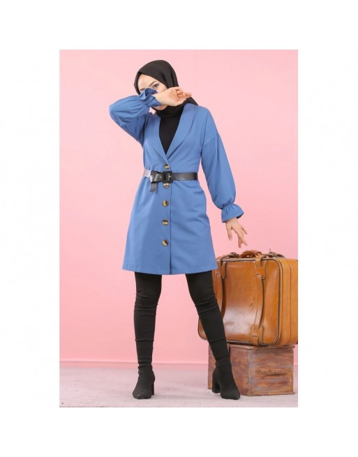 Veste longue classique boutonnée élégante (Vêtement pour femme voilée) - Couleur bleu indigo Veste longue classique boutonnée élégante (Vêtement pour femme voilée) - Couleur bleu indigo