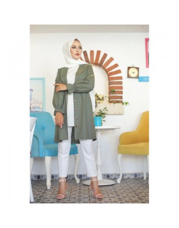 Veste longue classique boutonnée élégante (Vêtement Hijab pour femme voilée) - Couleur kaki 