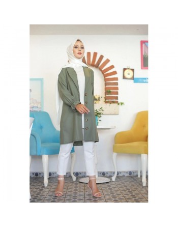 Veste longue classique boutonnée élégante (Vêtement Hijab pour femme voilée) - Couleur kaki 