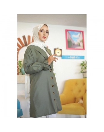 Veste longue classique boutonnée élégante (Vêtement Hijab pour femme voilée) - Couleur kaki 