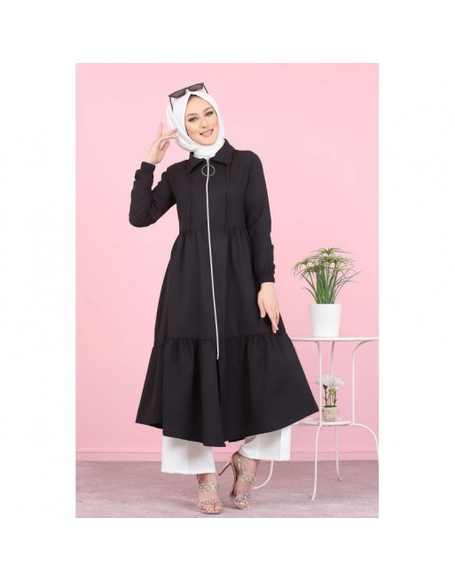 Veste zippée mi longue évasée (Vetement ample pour femme voilée) - Couleur noir Veste zippée mi longue évasée (Vetement ample pour femme voilée) - Couleur noir