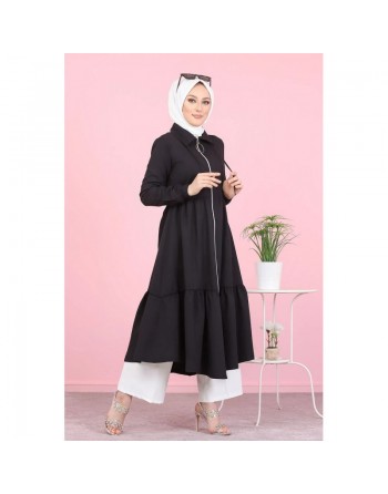 Veste zippée mi longue évasée (Vetement ample pour femme voilée) - Couleur noir 