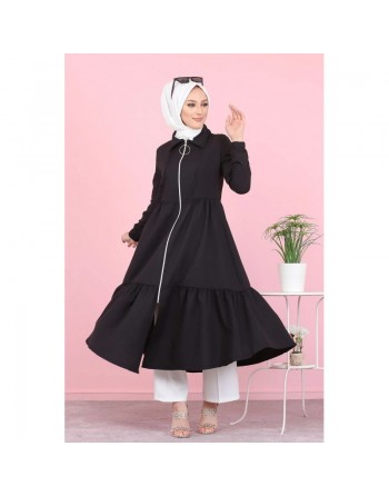 Veste zippée mi longue évasée (Vetement ample pour femme voilée) - Couleur noir 