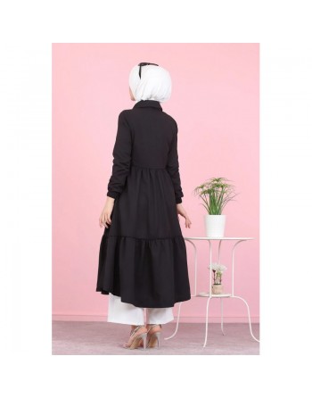Veste zippée mi longue évasée (Vetement ample pour femme voilée) - Couleur noir 