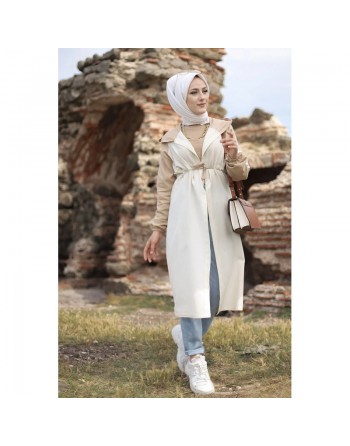 Gilet décontracté à capuche (Tunique sportwear pour femme voilée) - Couleur blanc et beige 