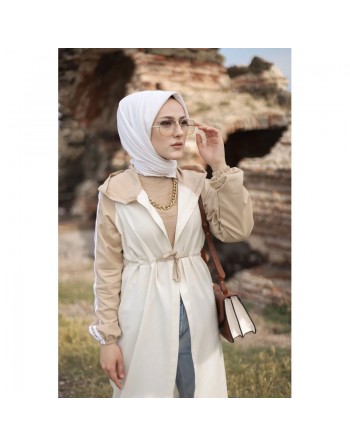 Gilet décontracté à capuche (Tunique sportwear pour femme voilée) - Couleur blanc et beige 
