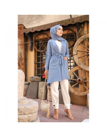Veste mi-longue pour femme voilée (Gilet pour Hijab) - Couleur bleue indigo 