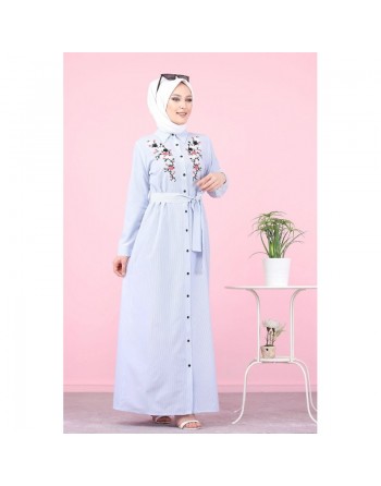 Robe chemise longue à rayures bleues avec ceinture (Vetement hijab femme musulmane) 
