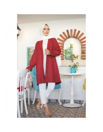 Veste longue classique boutonnée élégante (Vêtement Hijab) - Couleur framboise 