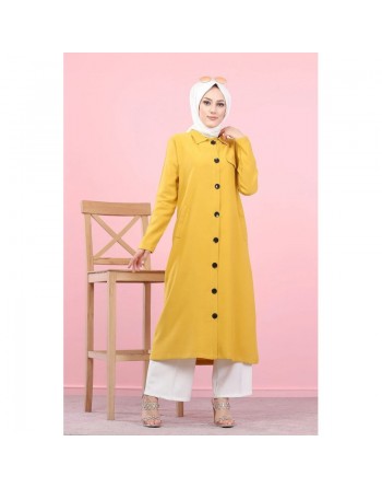 Veste longue pour femme - style chemise (Mode Musulmane) - Couleur jaune moutarde 
