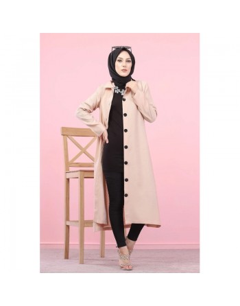 Veste longue pour femme - style chemise (Vetement Hijab) - Couleur rose poudré (Nude) 