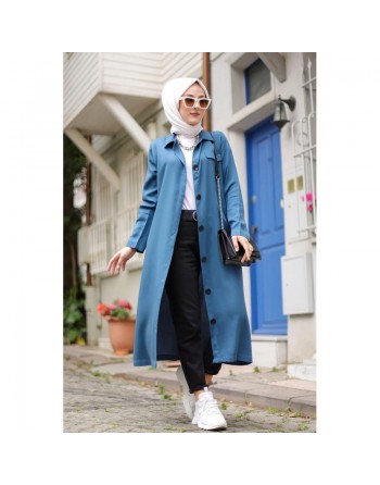 Veste longue pour femme - style chemise (Mode Musulmane) - Couleur bleu pétrole 