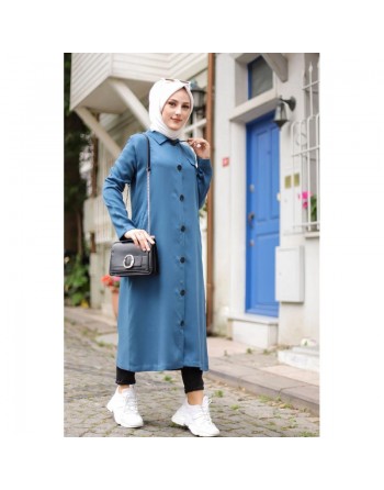 Veste longue pour femme - style chemise (Mode Musulmane) - Couleur bleu pétrole 
