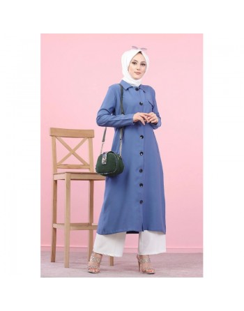 Veste longue pour femme - style chemise (Mode Musulmane) - Couleur bleu indigo 