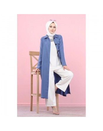 Veste longue pour femme - style chemise (Mode Musulmane) - Couleur bleu indigo 