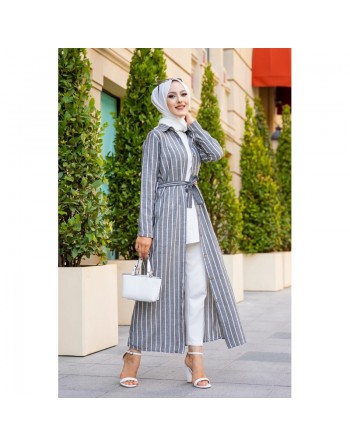 Robe à rayure boutonnée (ouverte) sur toute la longueur avec ceinture assortie pour femme (Vetement hijab été) - Rayures... 