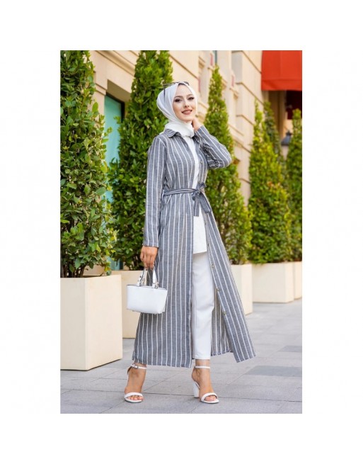Robe à rayure boutonnée (ouverte) sur toute la longueur avec ceinture assortie pour femme (Vetement hijab été) - Rayures... Robe à rayure boutonnée (ouverte) sur toute la longueur avec ceinture assortie pour femme (Vetement hijab été) - Rayures...