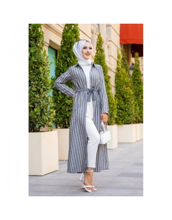 Robe à rayure boutonnée (ouverte) sur toute la longueur avec ceinture assortie pour femme (Vetement hijab été) - Rayures... 